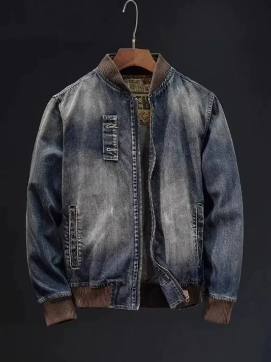 Men's Plus Size Button Up Washed Denim Bomber Jacket Trendsi