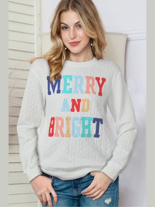 Full Size MERRY AND BRIGHT Cable Knit Pullover Sweatshirt