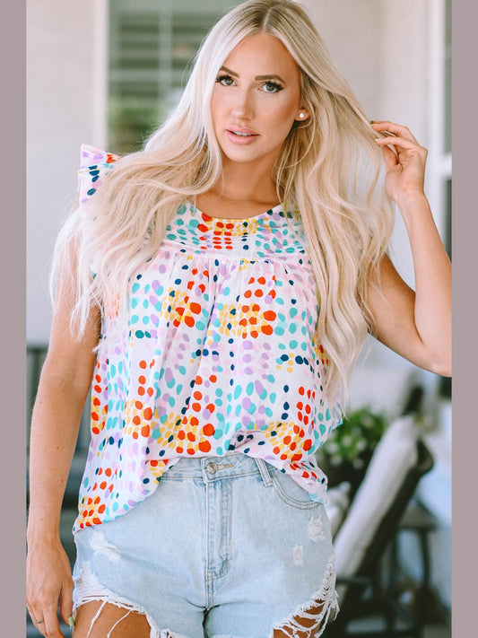 Ruffled Printed Round Neck Blouse NicholesGifts