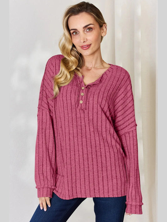 Basic Bae Full Size Ribbed Half Button Long Sleeve T-Shirt nicholesgifts