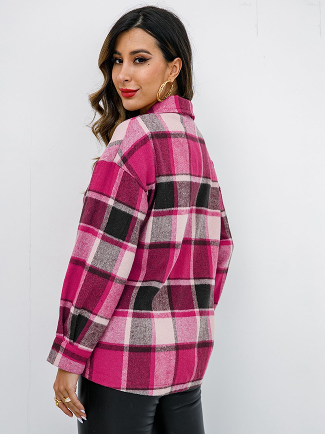 Shiny Plaid Button Up Collared Neck Jacket NicholesGifts