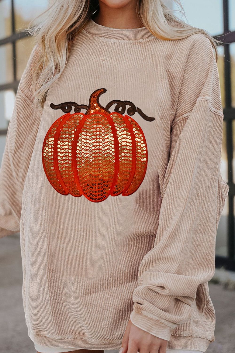 Sequin Pumpkin Round Neck Long Sleeve Sweatshirt NicholesGifts