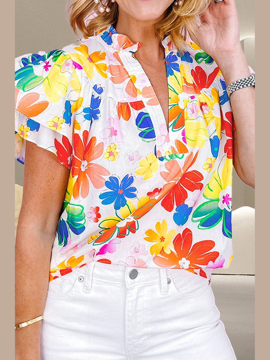 Ruffled Printed Notched Cap Sleeve Blouse NicholesGifts