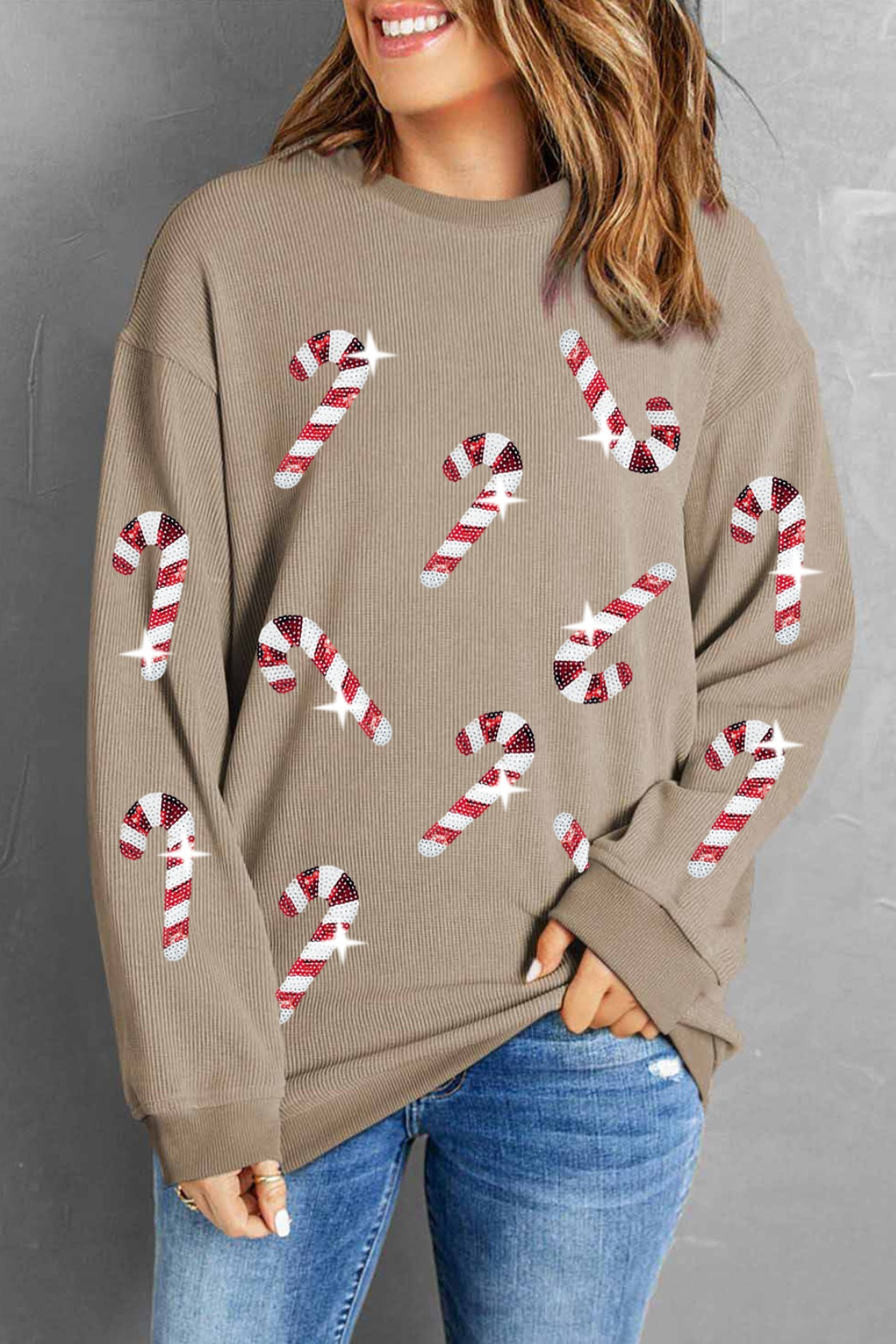 NicholesGifts Women Sequin Candy Cane Round Neck Christmas Sweatshirt NicholesGifts