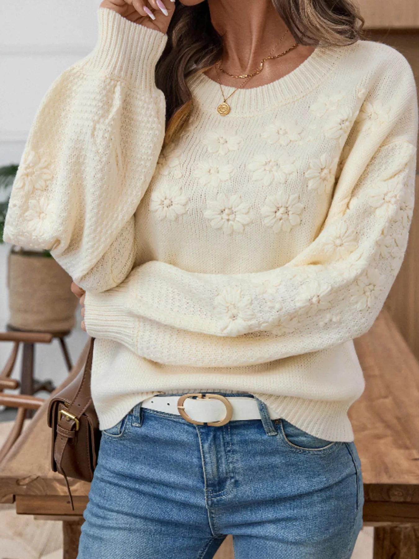 Flower Round Neck Long Sleeve Sweater