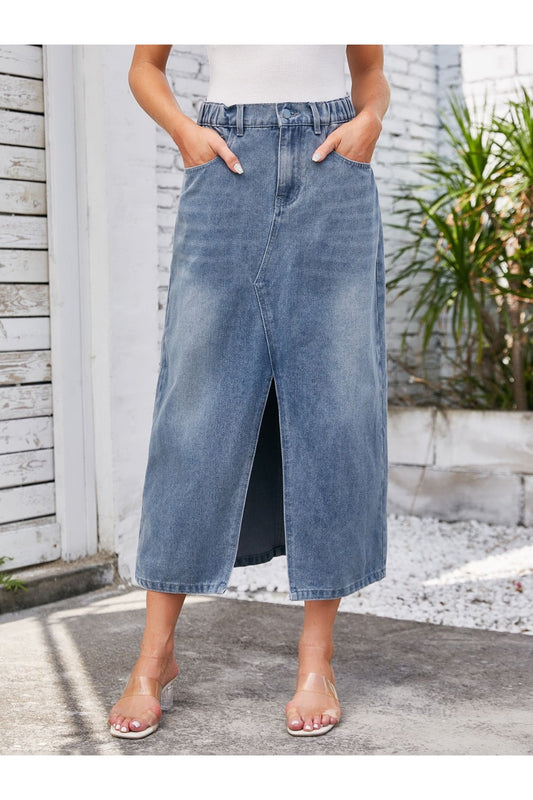 Women Slit Midi Denim Skirt with Pockets