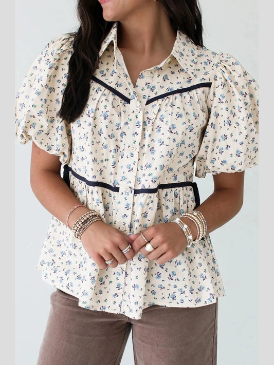 Contrast Trim Floral Puff Short Sleeve Shirt