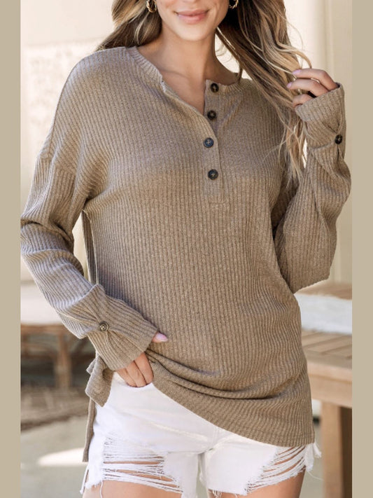 Women Quarter Button Round Neck Dropped Shoulder Knit Top