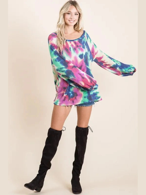BiBi Tie Dye Print Terry Top with Puff Sleeves nicholesgifts