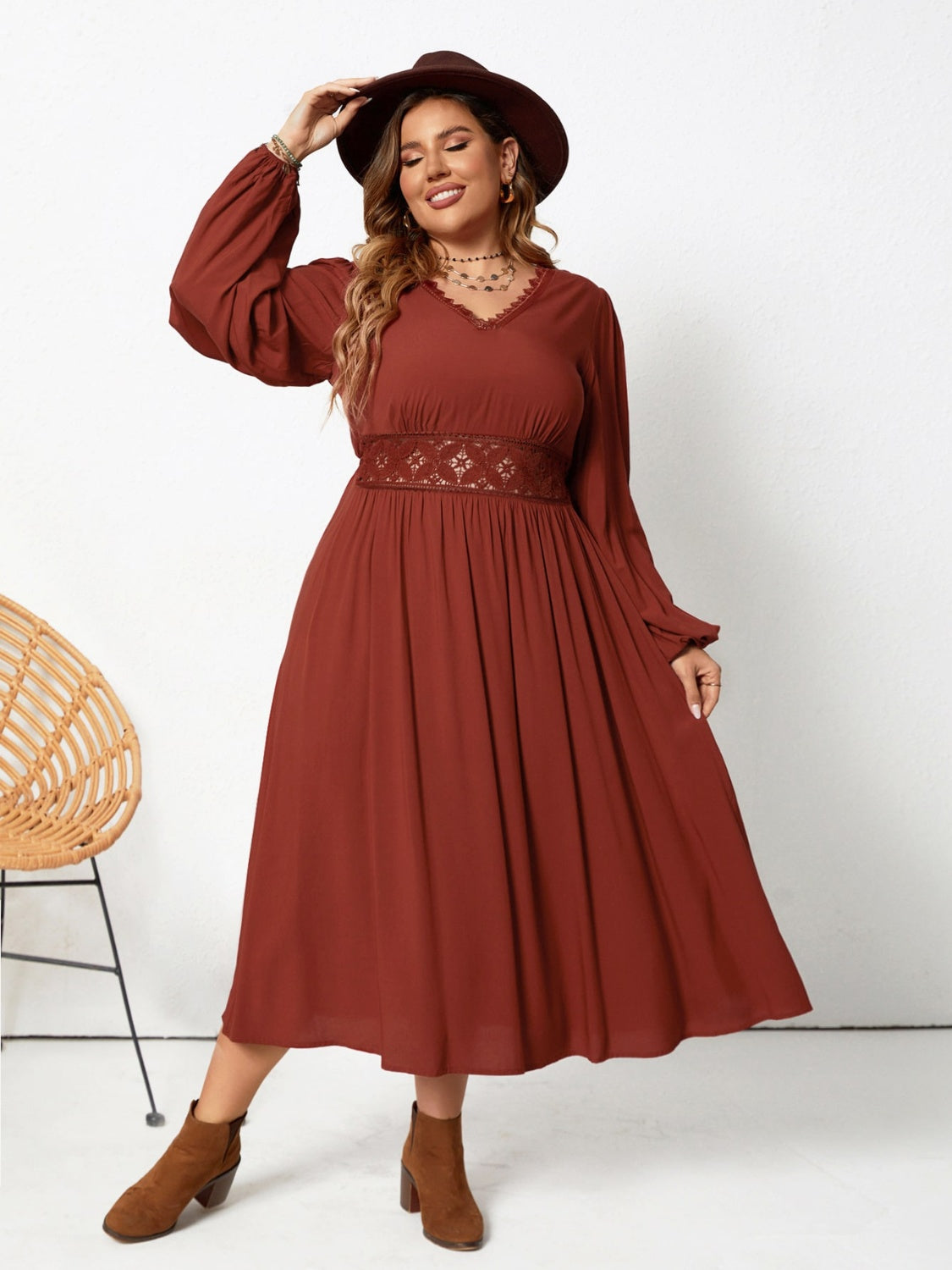NicholesGifts Plus Size Women Lace Detail V-Neck Balloon Sleeve Dress NicholesGifts