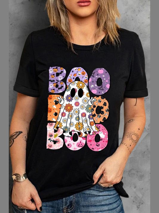 BOO Ghost Graphic Round Neck Short Sleeve T-Shirt Trendsi
