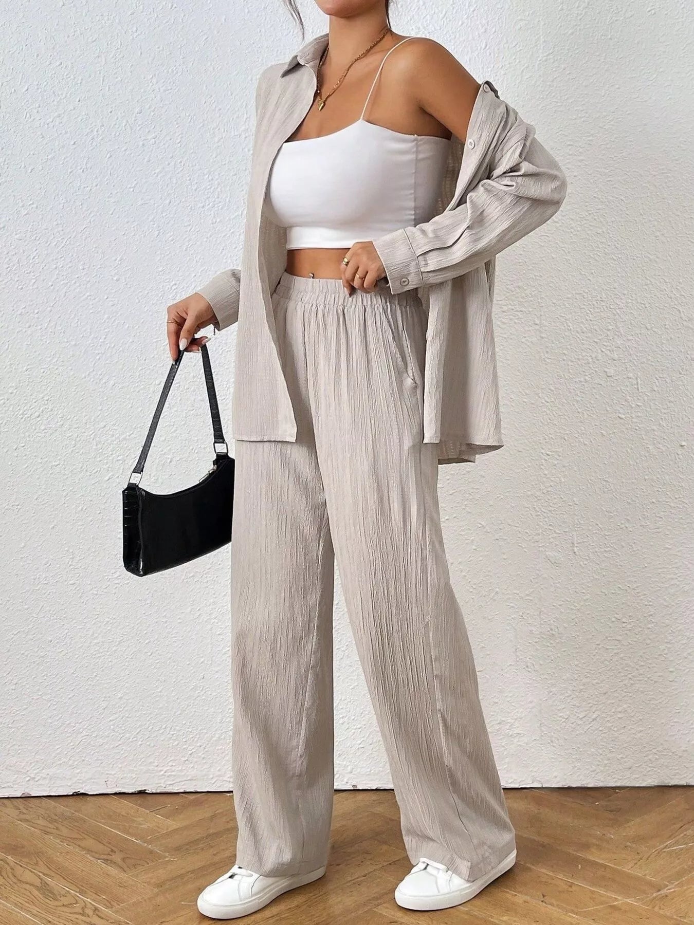 Button Up Long Sleeve Shirt and Pants Set Trendsi