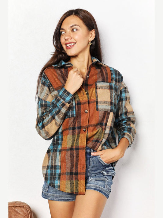 Double Take Plaid Curved Hem Shirt Jacket with Breast Pockets nicholesgifts