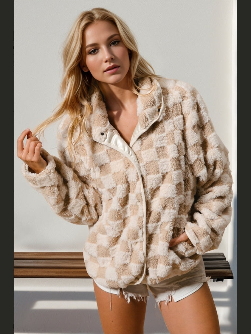 NicholesGifts Women Double Take Checkered Long Sleeve Fuzzy Jacket