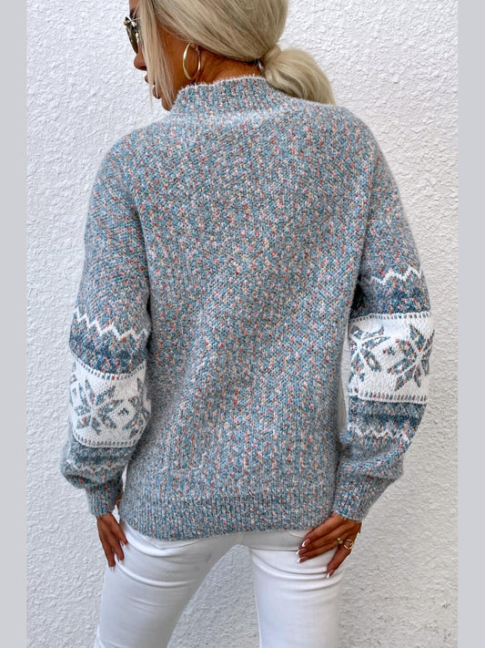 Women Snowflake Pattern Mock Neck Sweater nicholesgifts