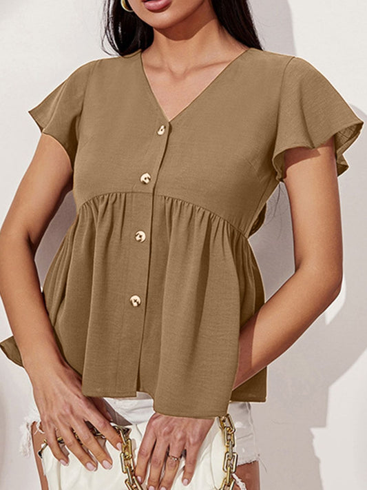 Women V-Neck Flutter Sleeve Blouse NicholesGifts