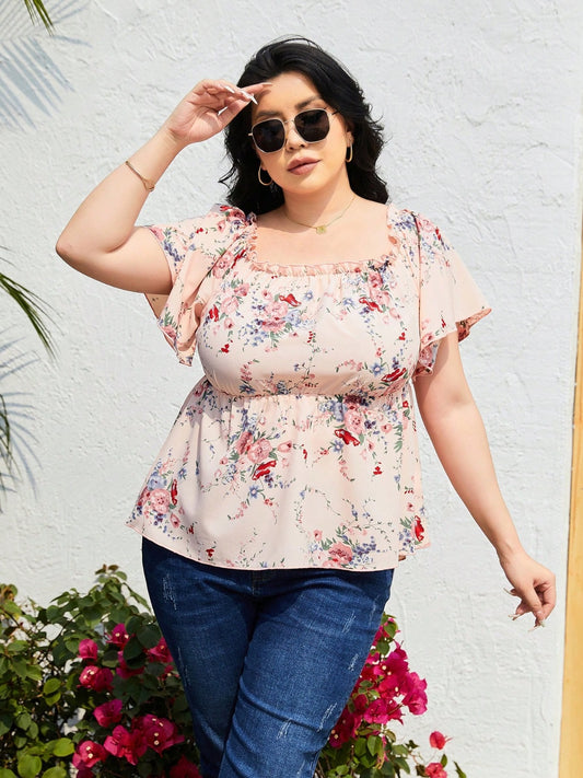 Plus Size Women Frill Printed Flutter Sleeve Blouse
