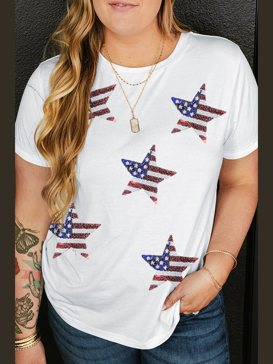 Plus Size Sequin Star Round Neck Short Sleeve T-Shirt