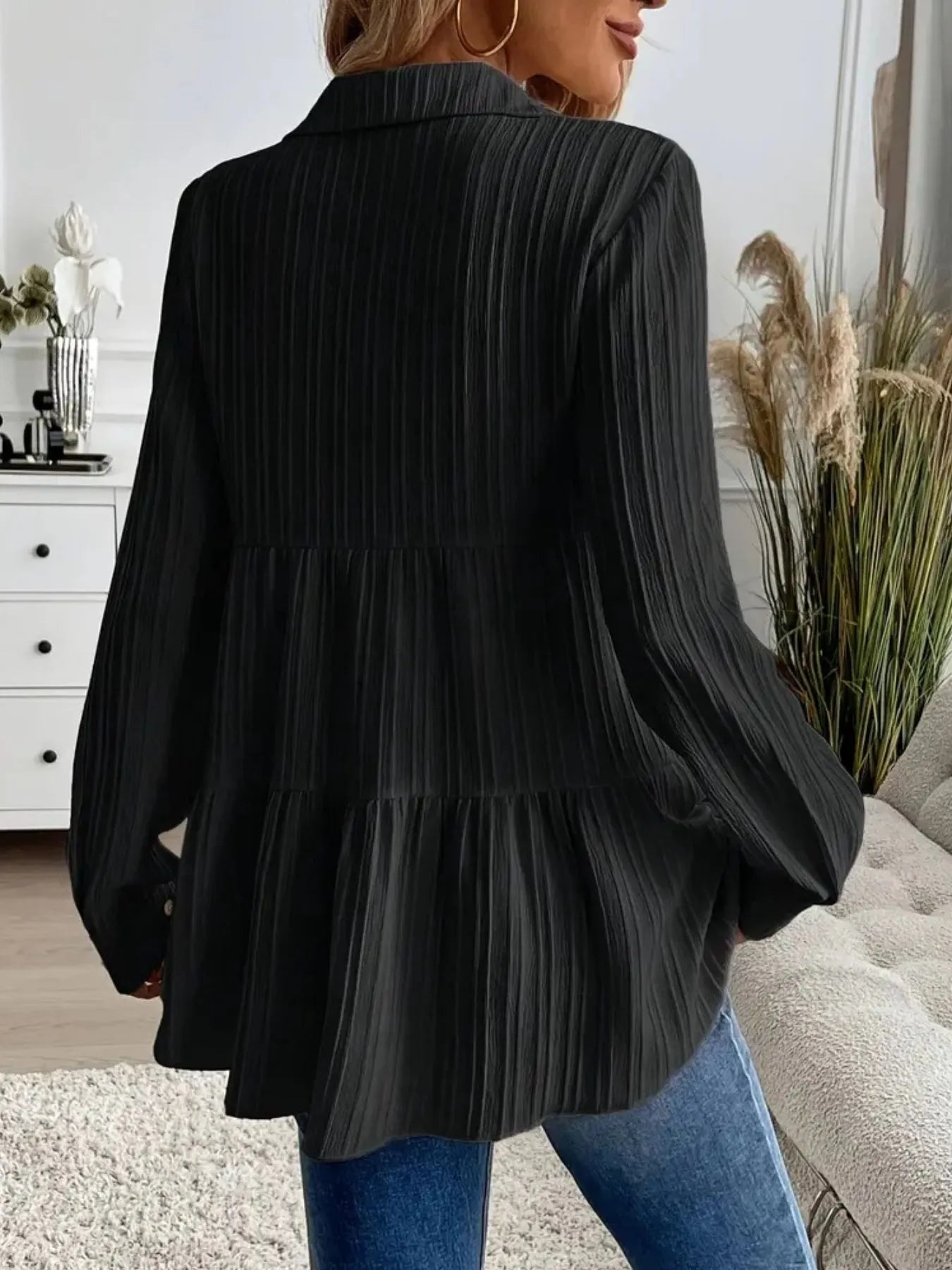 Women Striped Button-Down Tiered Shirt