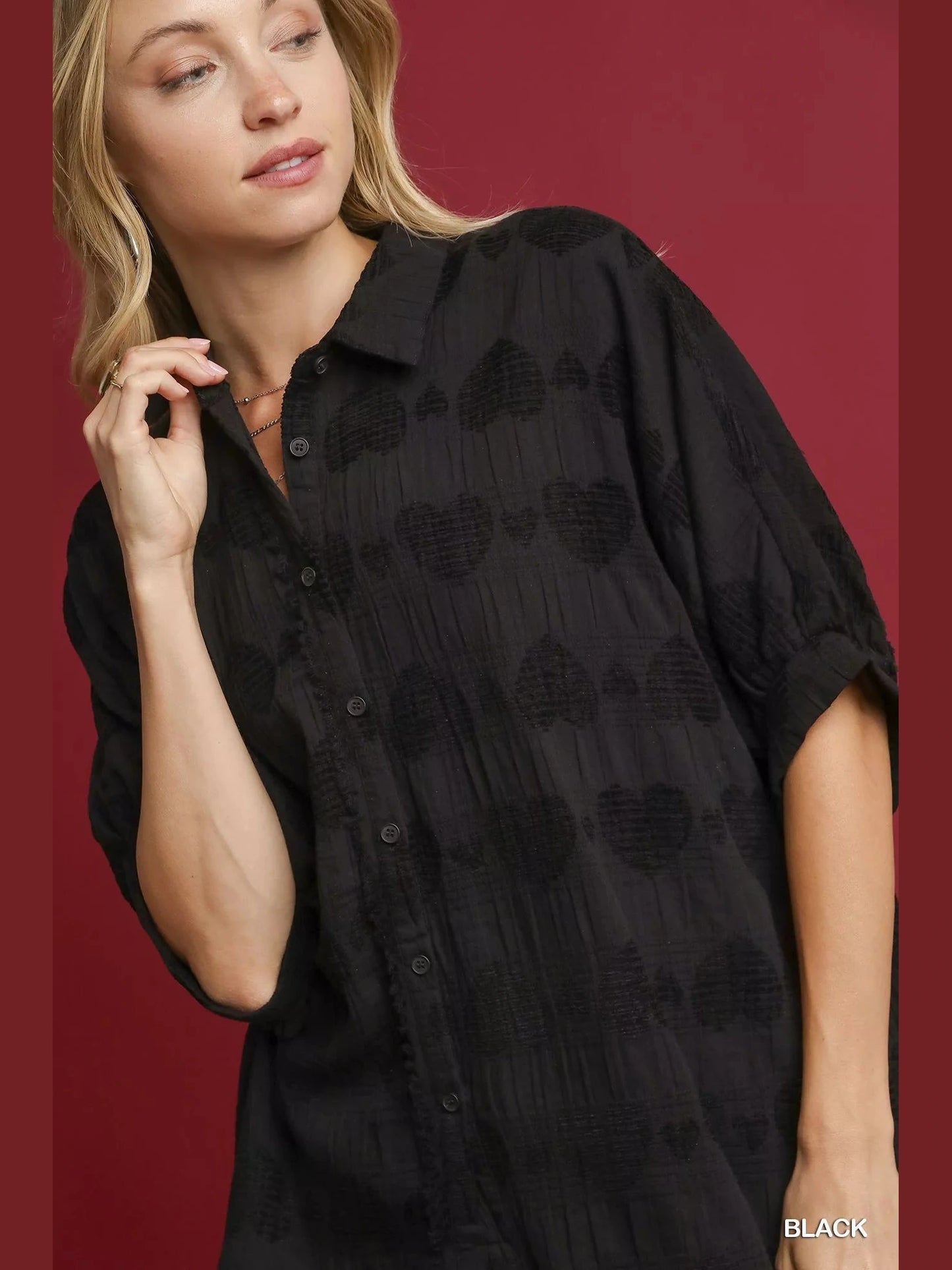 Women Umgee Jacquard Heart Collared Black Short Shirt NicholesGifts