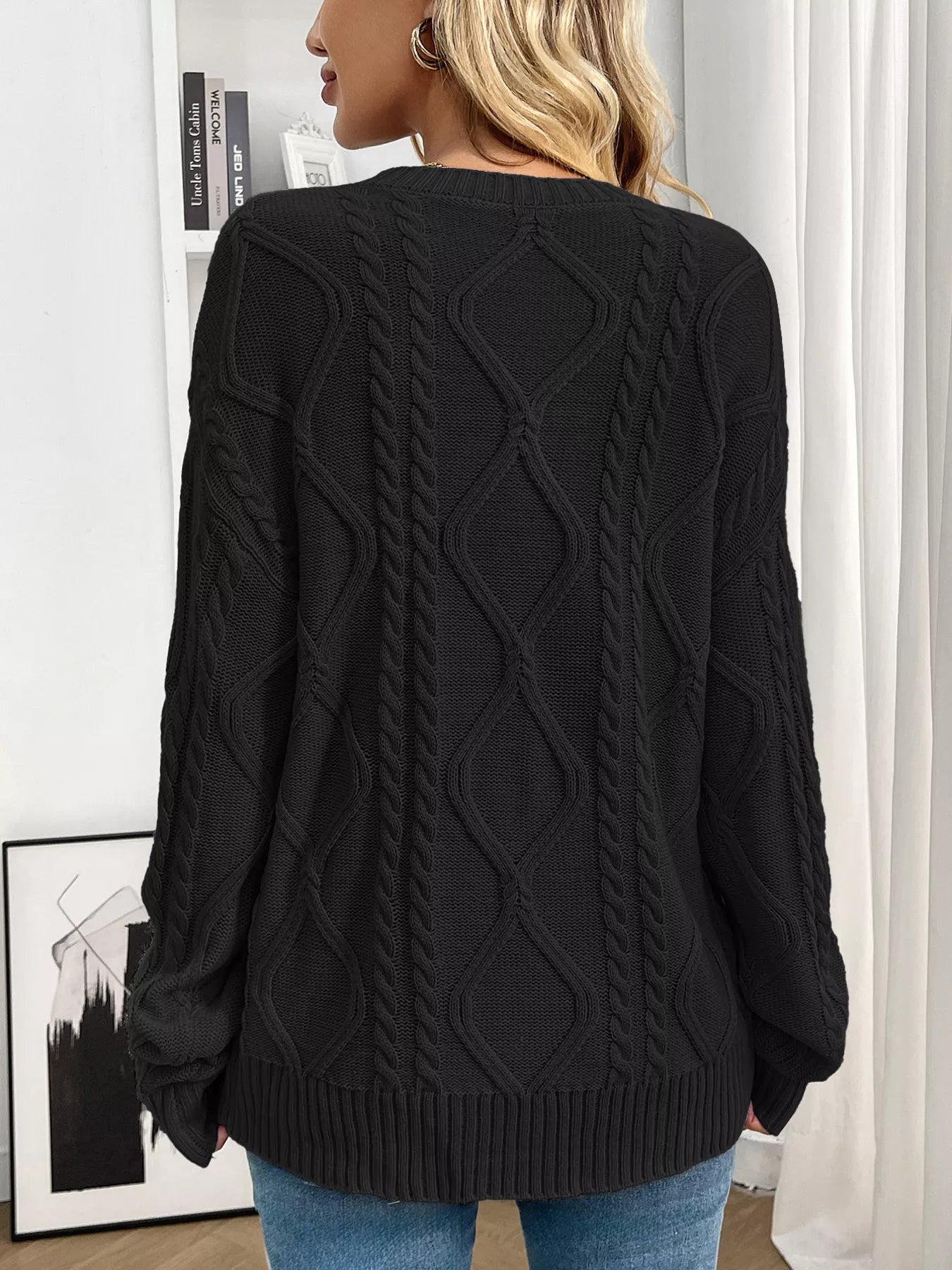 Cable Knit Round Neck Long Sleeve Sweater Trendsi