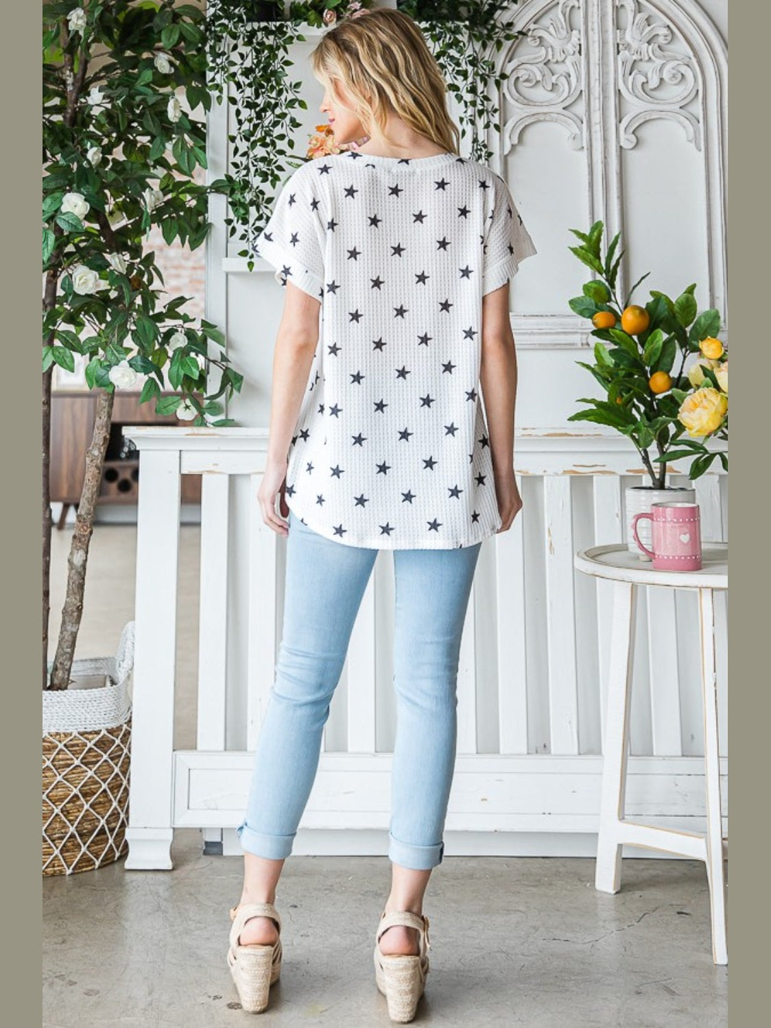 Heimish Full Size Star Print Short Sleeve V-Neck Waffle Knit T-Shirt