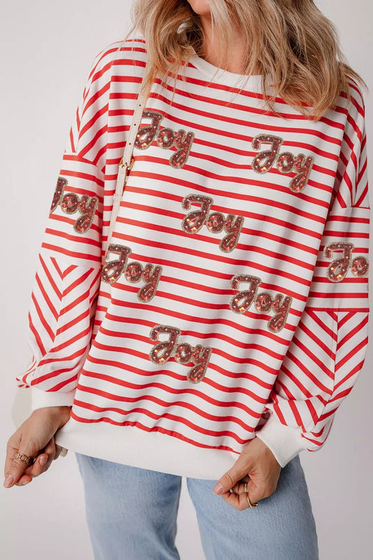 Stripe Sequined Joy Pattern Patchwork Sleeve Round Neck Sweatshirt nicholesgifts