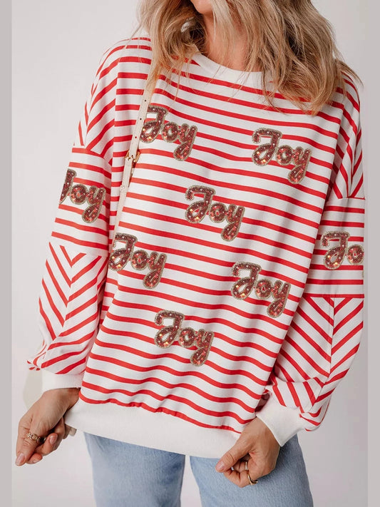 Stripe Sequined Joy Pattern Patchwork Sleeve Round Neck Sweatshirt nicholesgifts