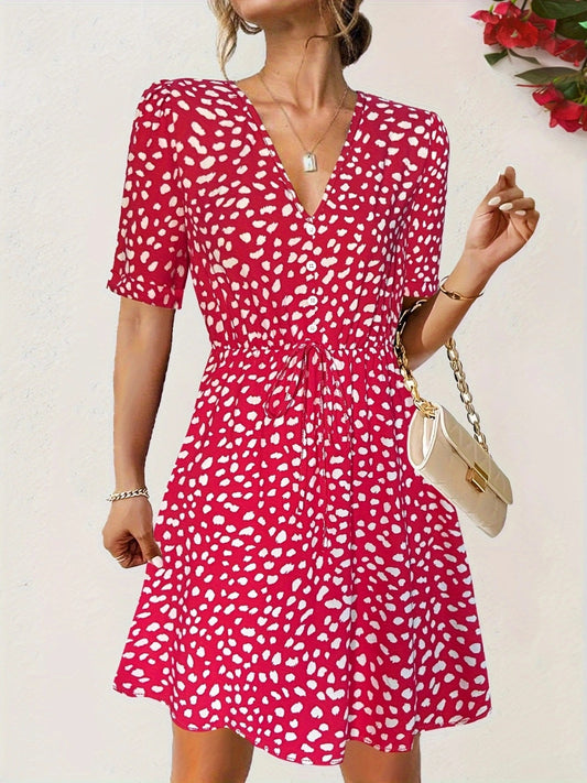 Women Printed V-Neck Short Sleeve Mini Dress
