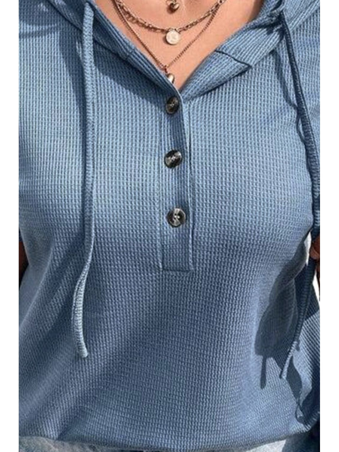 NicholesGifts Women Plus Size Light Blue Waffle-Knit Half Button Short Sleeve Hoodie NicholesGifts