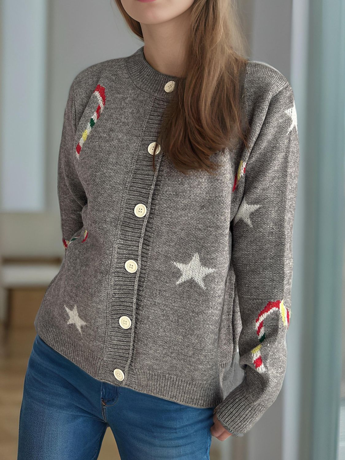 NicholesGifts Women Candy Cane & Star Button Down Long Sleeve Christmas Cardigan NicholesGifts