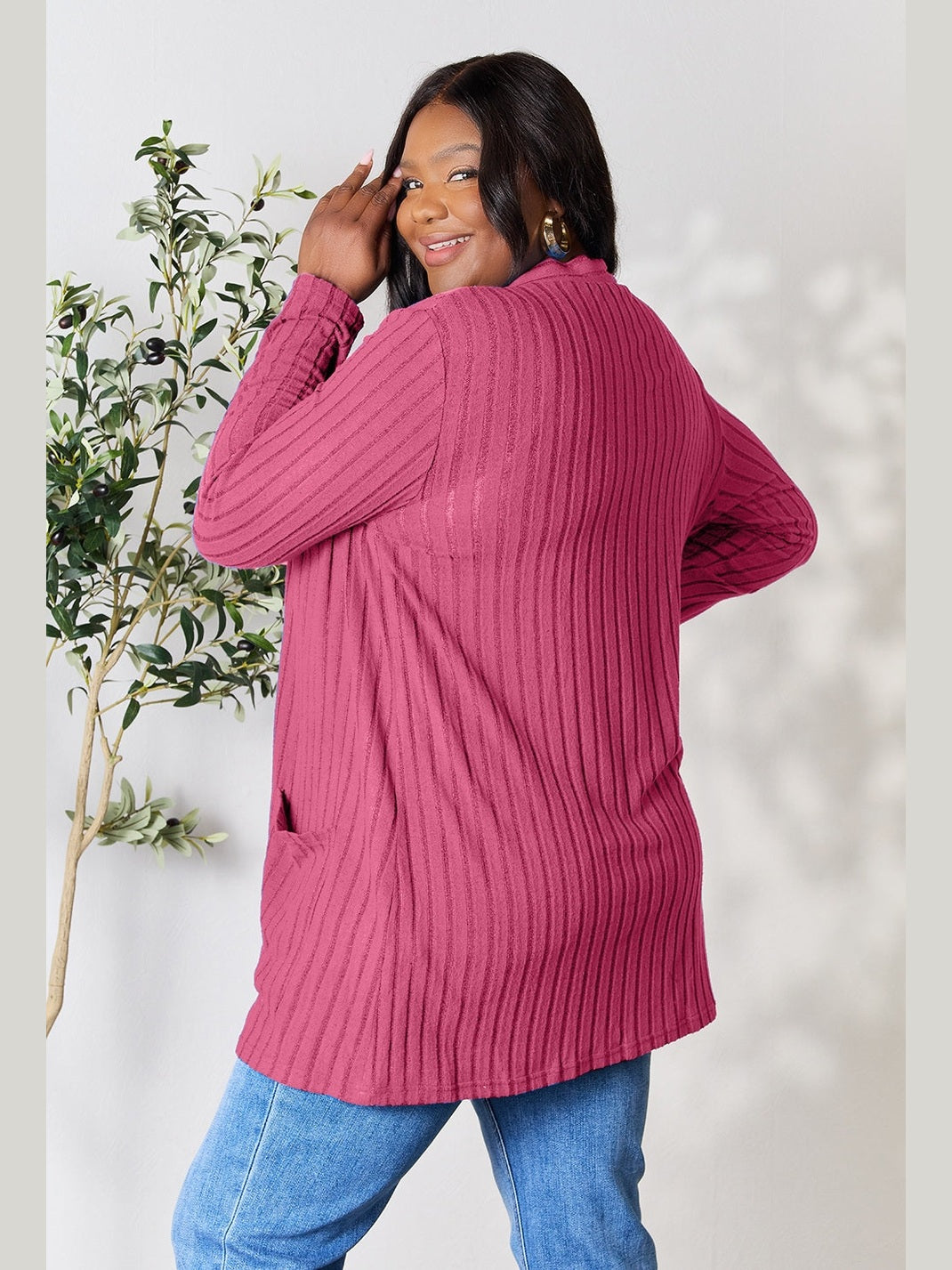NicholesGifts Women Basic Bae Full Size Ribbed Open Front Cardigan with Pockets NicholesGifts