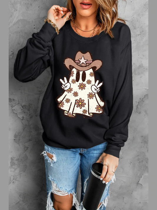 Ghost Round Neck Long Sleeve Sweatshirt Trendsi