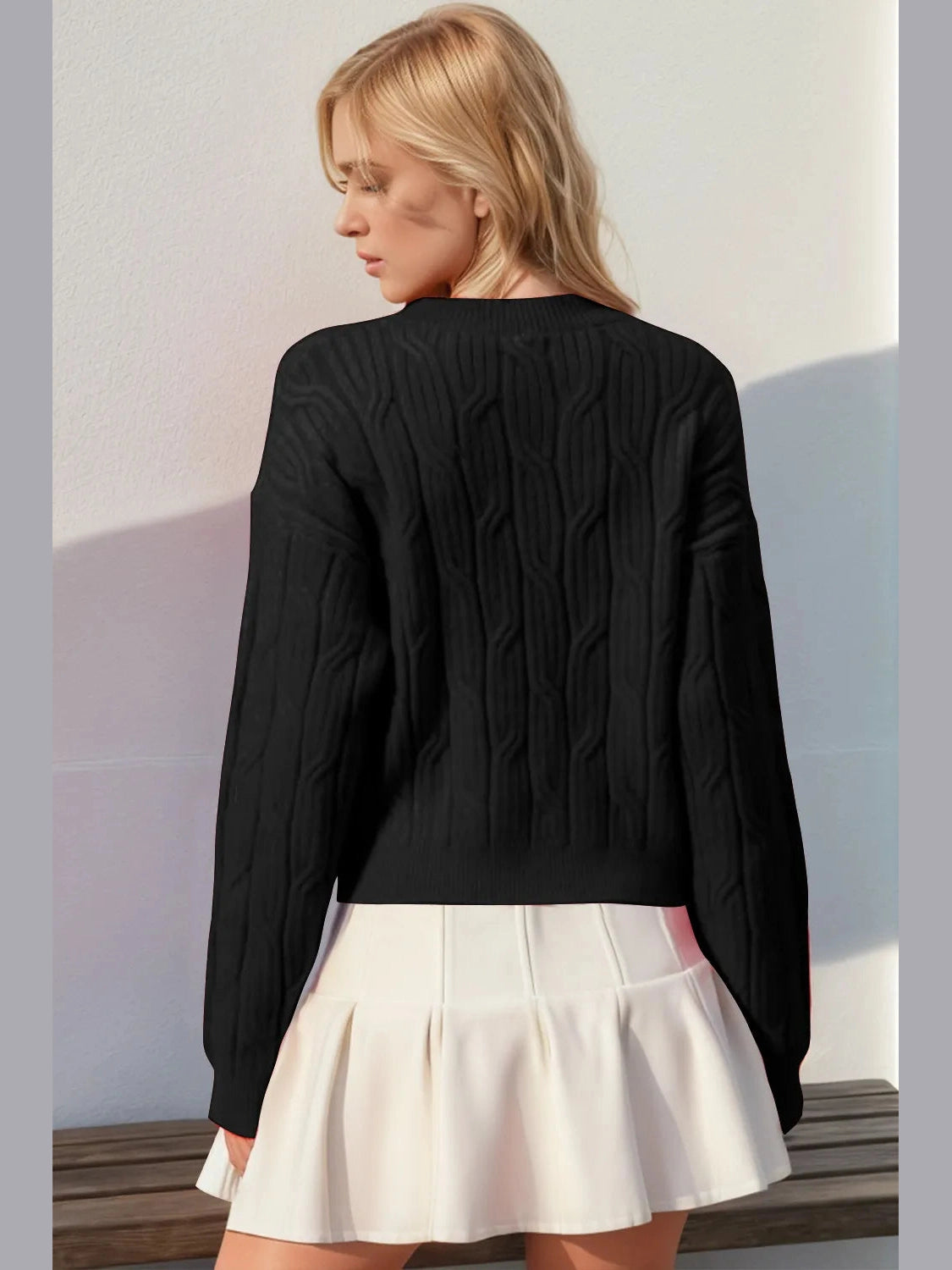 Double Take Full Size Bow Cable-Knit Round Neck Sweater Trendsi