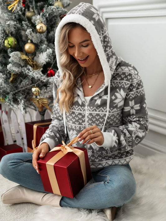 Drawstring Snowflake Zip Up Hooded Outerwear NicholesGifts