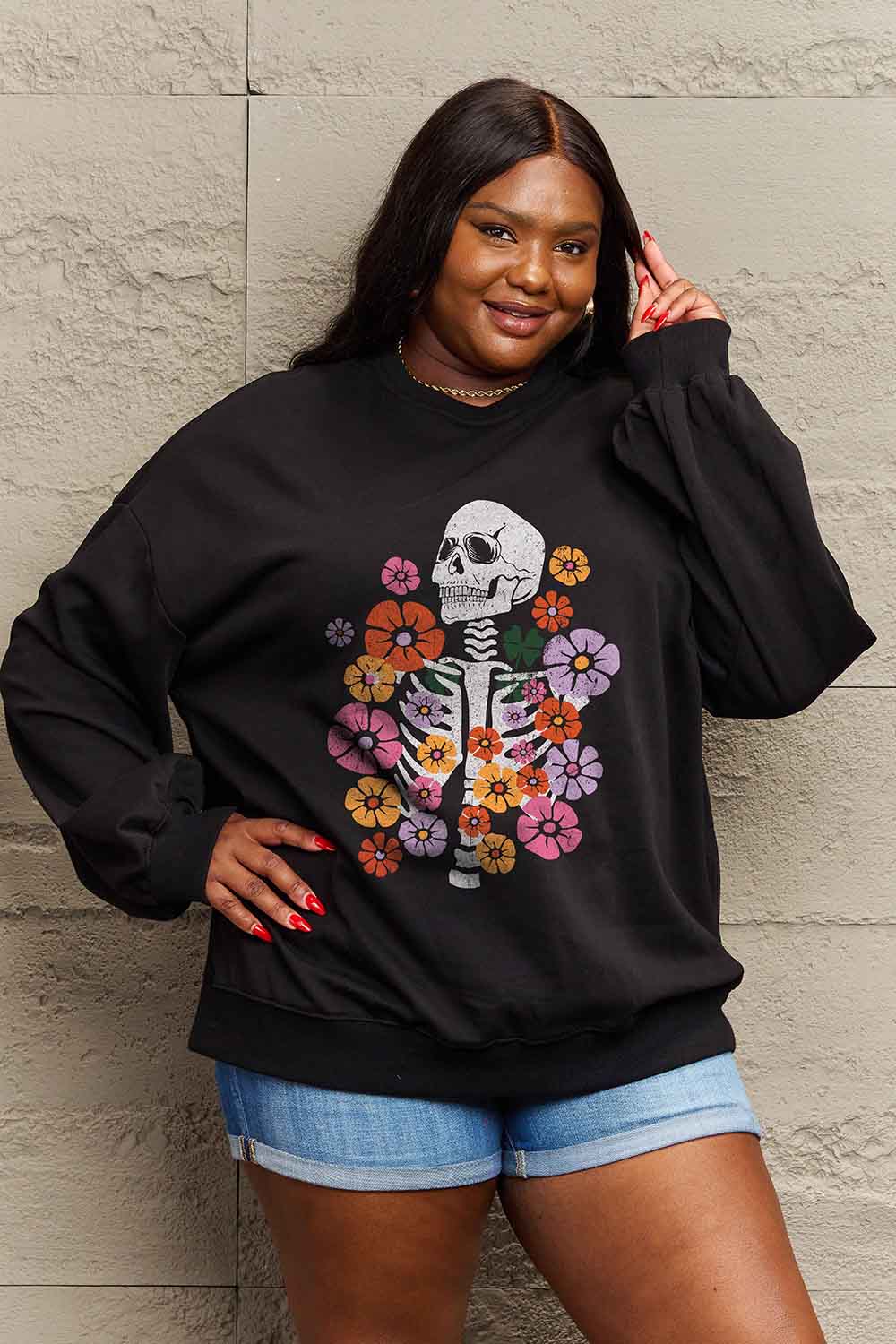 Women Simply Love Full Size Flower Skeleton Graphic Sweatshirt NicholesGifts