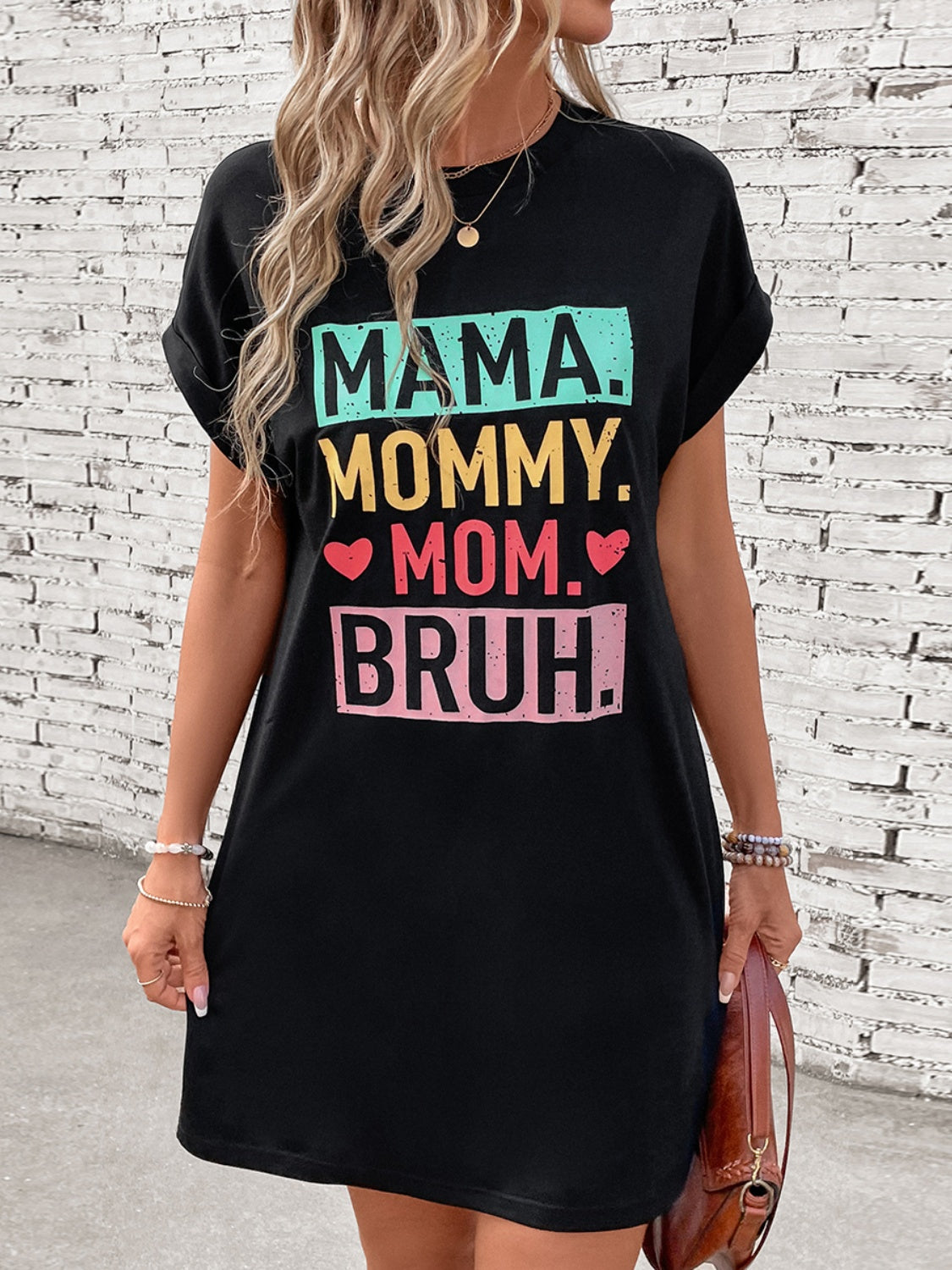 Women Letter Graphic Short Sleeve Black Mini Mother's Day Tee Dress NicholesGifts