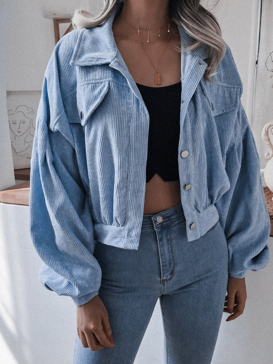 NicholesGifts Women Lantern Sleeve Cropped Corduroy Jacket nicholesgifts