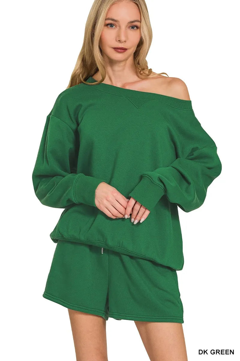 Zenana Fleece Boat Neck Sweatshirt and Shorts Set Trendsi