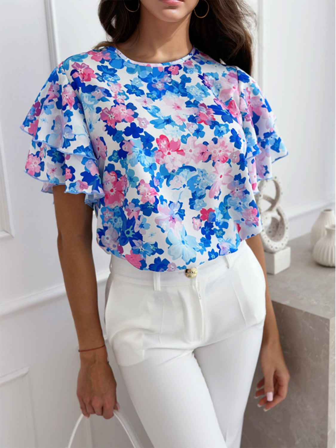 Floral Round Neck Flutter Sleeve Blouse NicholesGifts