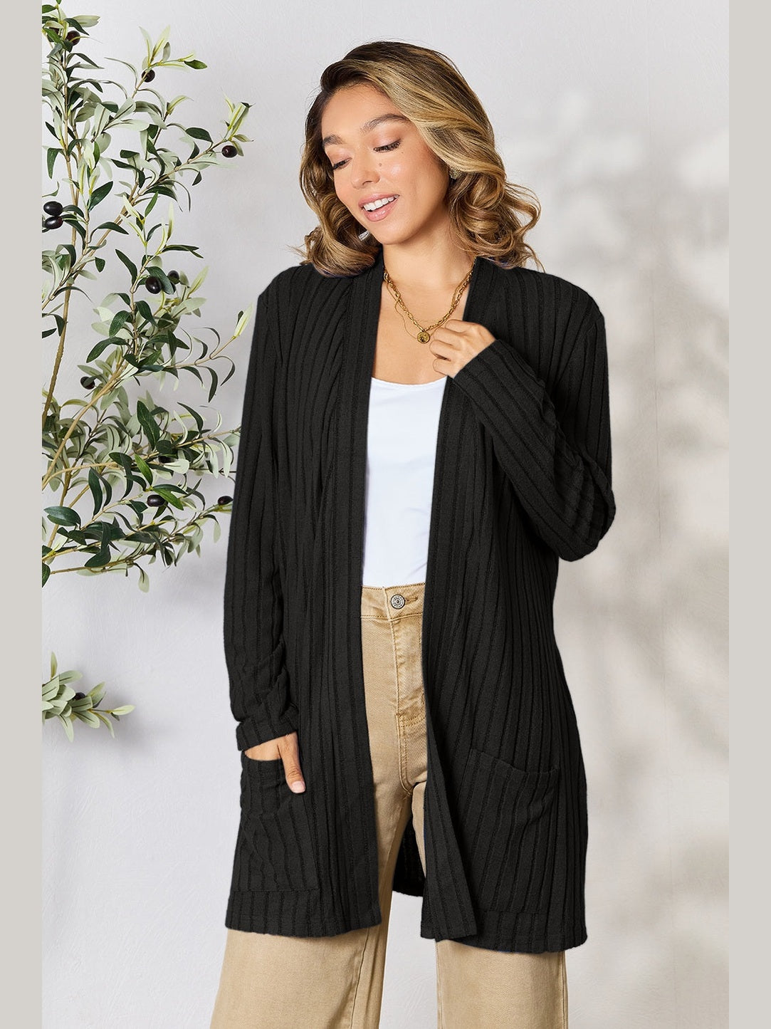 NicholesGifts Women Basic Bae Full Size Ribbed Open Front Cardigan with Pockets NicholesGifts