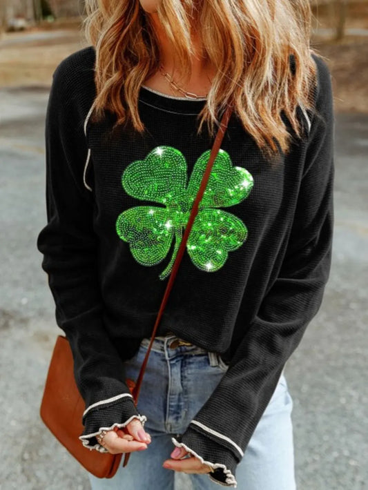 Sequin Lucky Clover Lettuce Trim Long Sleeve Top nicholesgifts