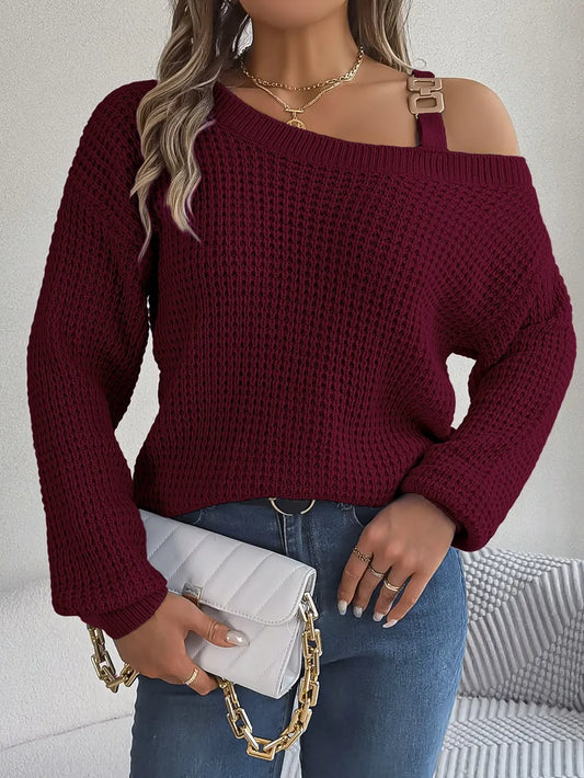Asymmetrical Neck Long Sleeve Sweater Trendsi