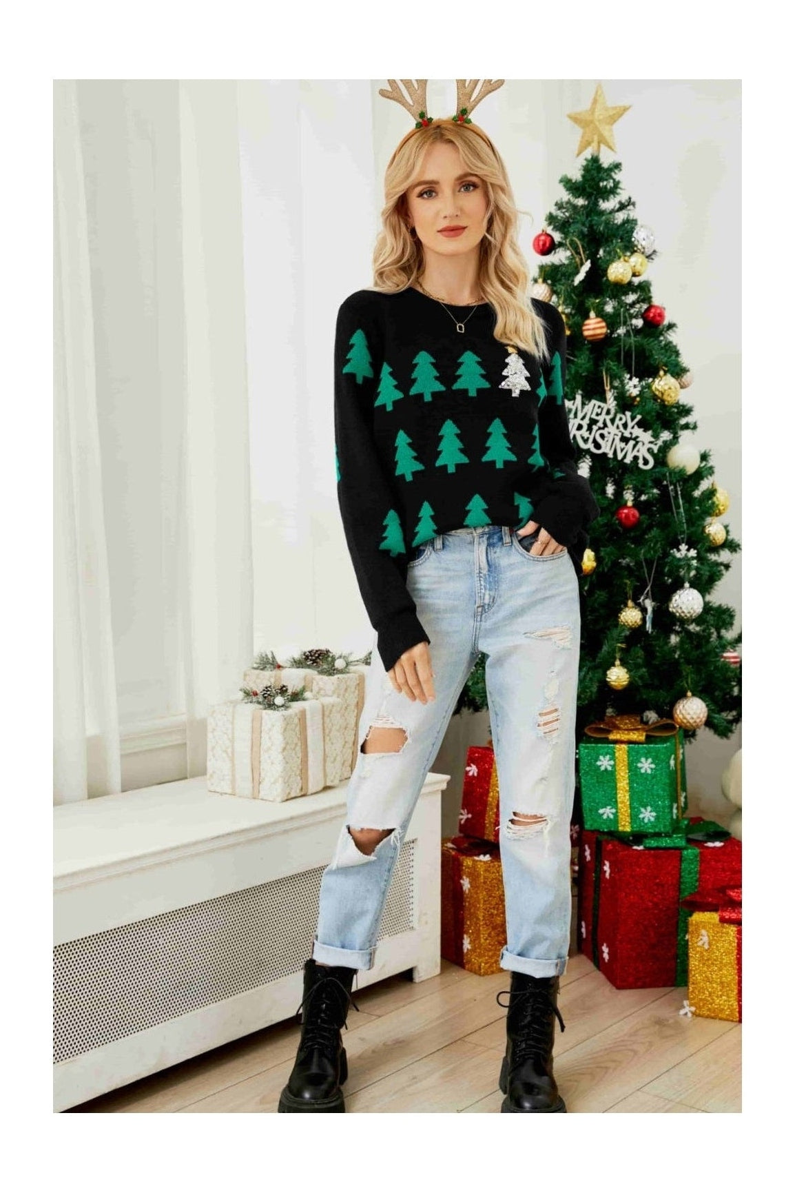 Christmas Tree Round Neck Ribbed Trim Sweater NicholesGifts