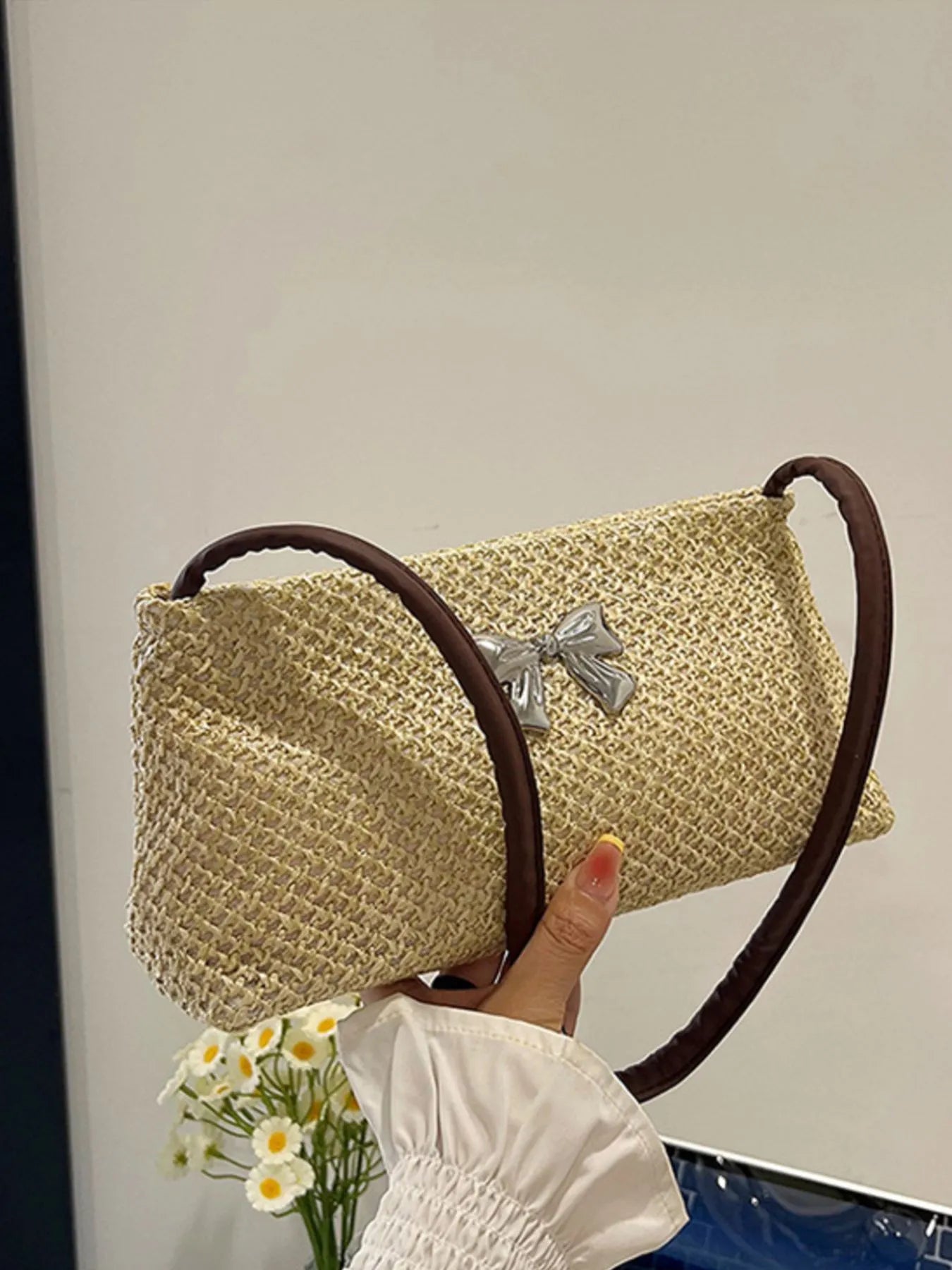 Woven Straw Shoulder Bag with Bow Detail Trendsi