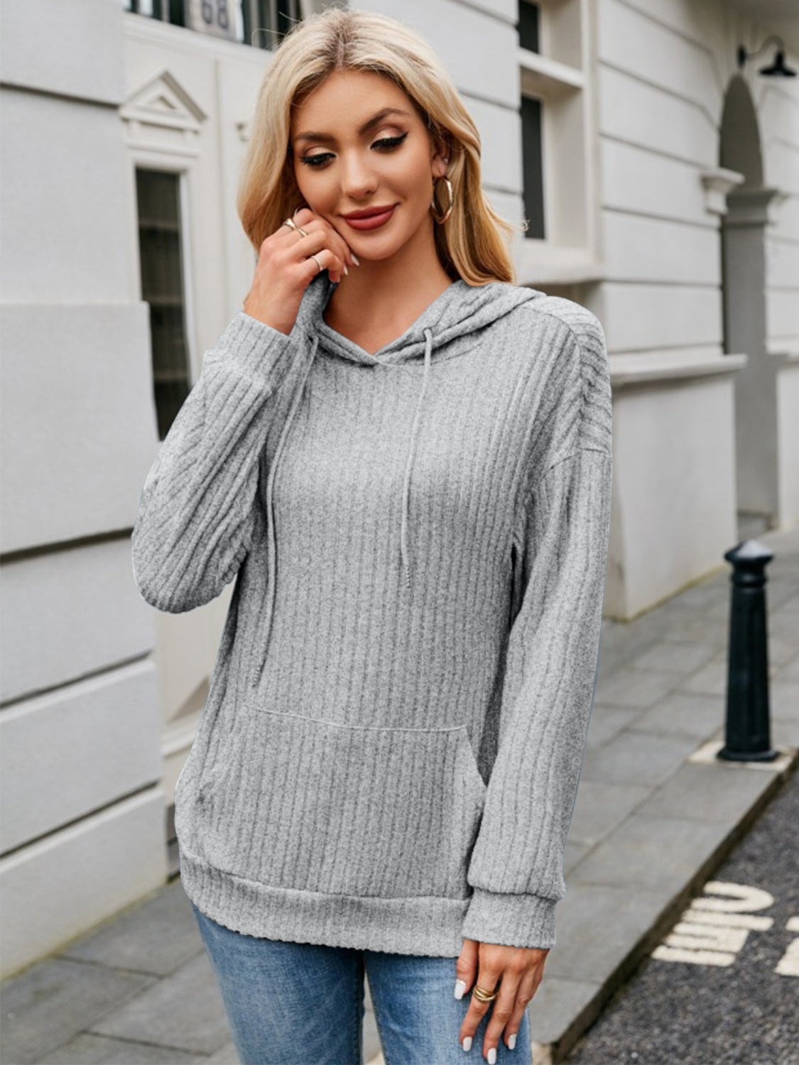 NicholesGifts Women Ribbed Drawstring Long Sleeve Hoodie NicholesGifts