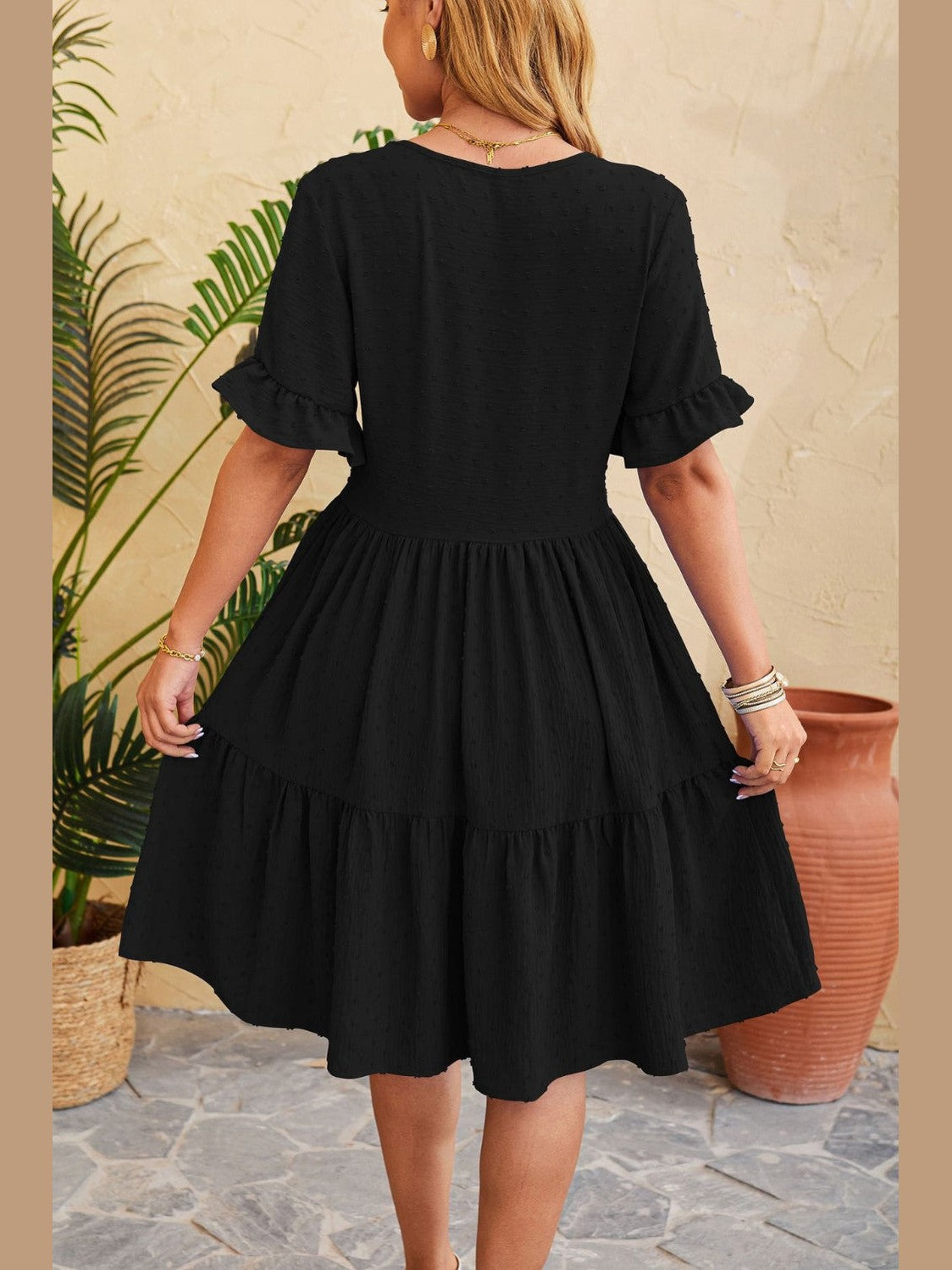 Women Swiss Dot Ruffled V-Neck Tiered Dress