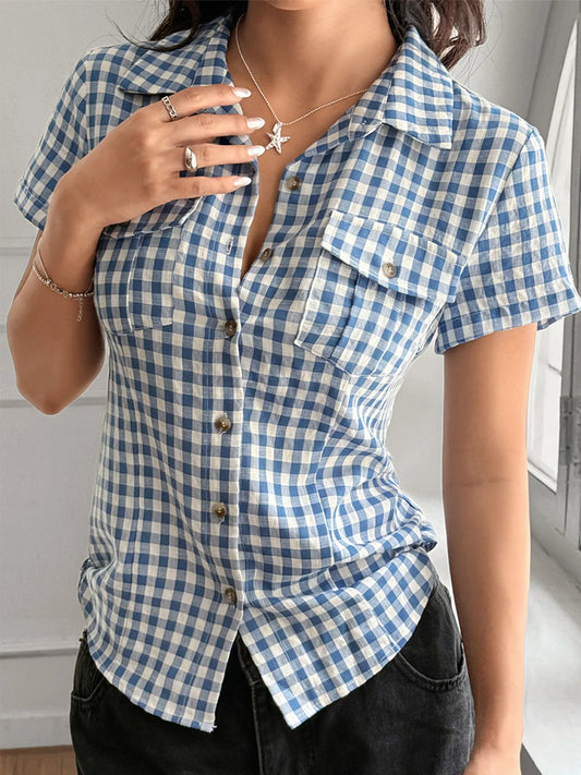 Gingham Check Short Sleeve Button-Up Shirt