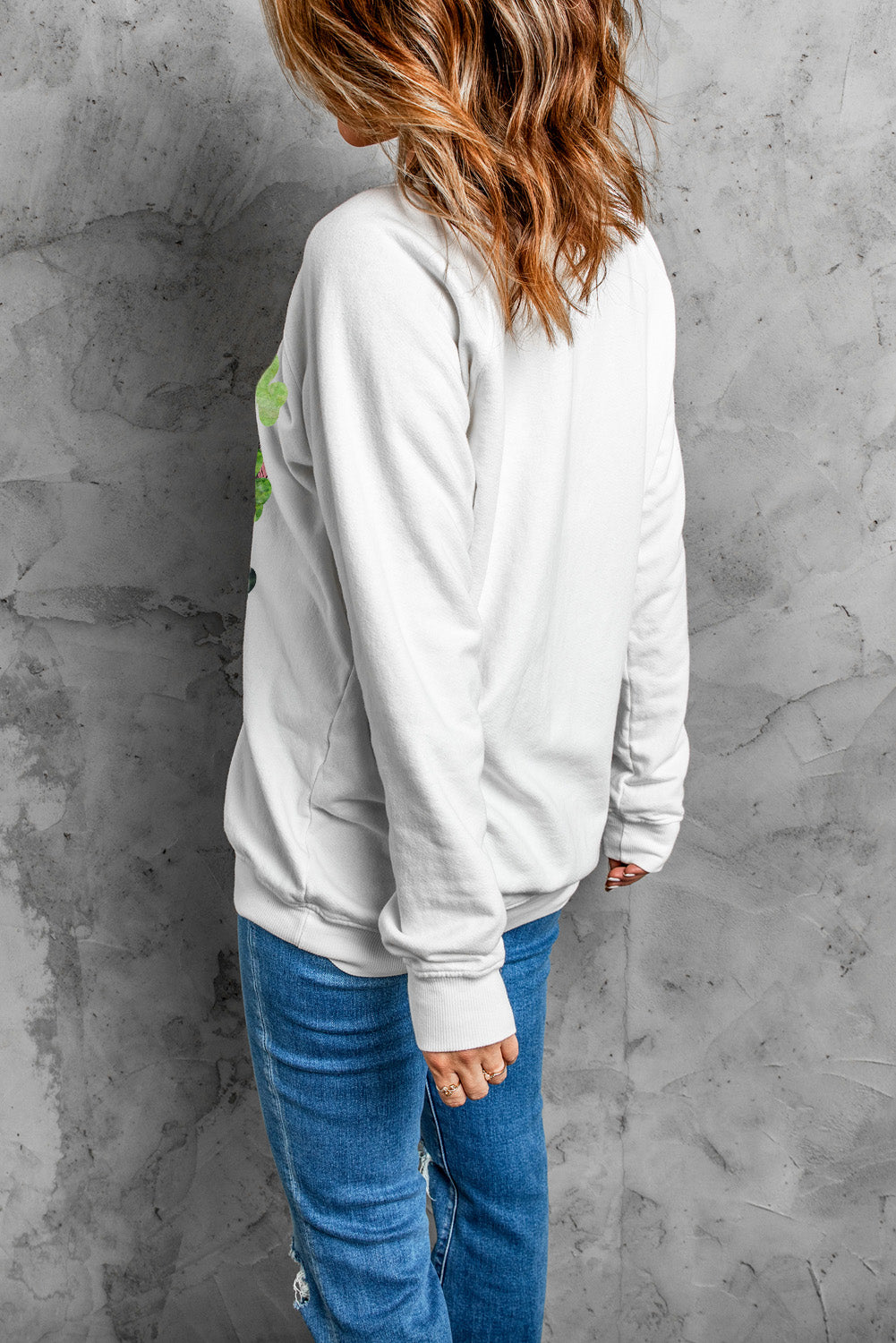Women Lucky Clover Round Neck Dropped Shoulder Sweatshirt