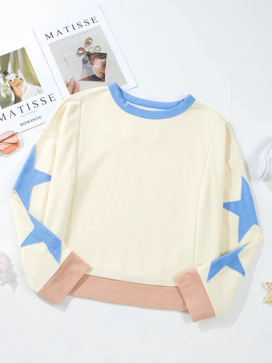 Women Star Contrast Round Neck Long Sleeve Sweatshirt nicholesgifts